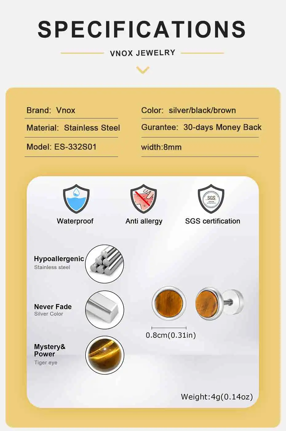 Kleiner runder Naturstein-Ohrstecker für Männer, hypoallergene Ohrstecker aus Edelstahl, Hip-Hop-Modeschmuck, Geschenk – Detail 4