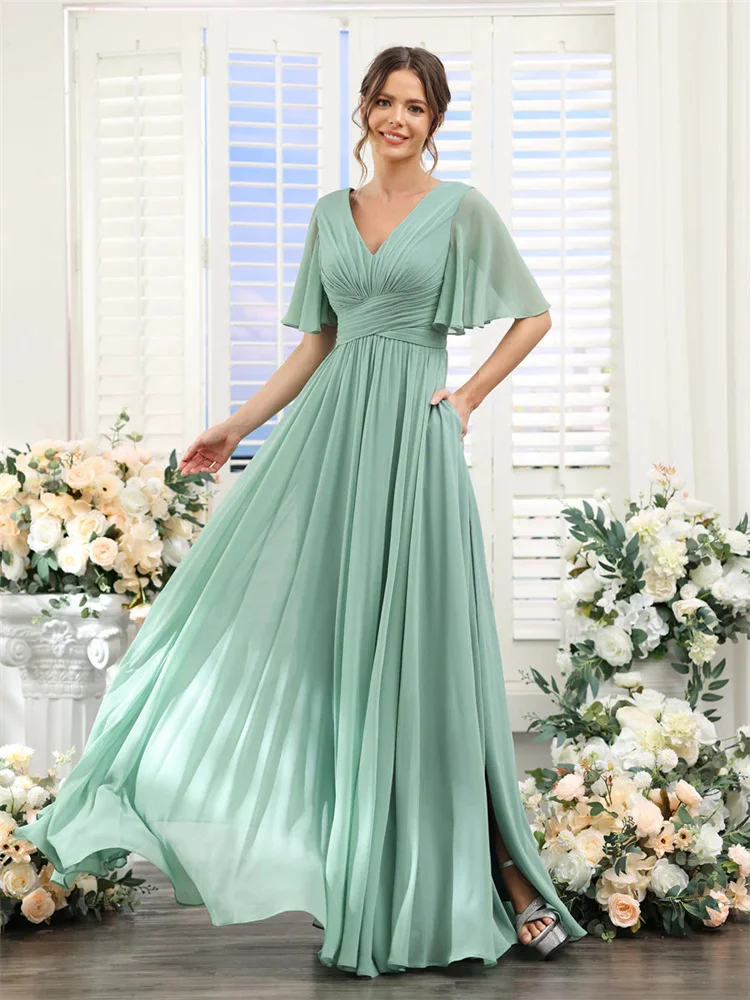 Bridesmaid Dresses A-Line V-Neck Half Sleeves Split Side Floor Length Chiffon With Pockets Elegant For Weddings Guest