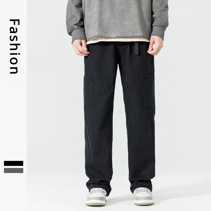 Men's Solid Cotton Pants Spring Autumn Casual Loose Straight Pants Male Trend Sportwear Oversize Wide Leg Trousers Streetwear