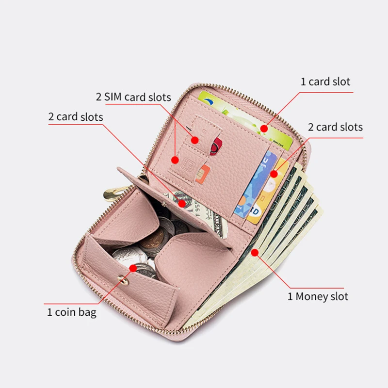 RFID Wallets for Women Genuine Leather Zipper Purses Women's Large Capacity Multi-card Wallets Clutch Bag Travel Short Wallet