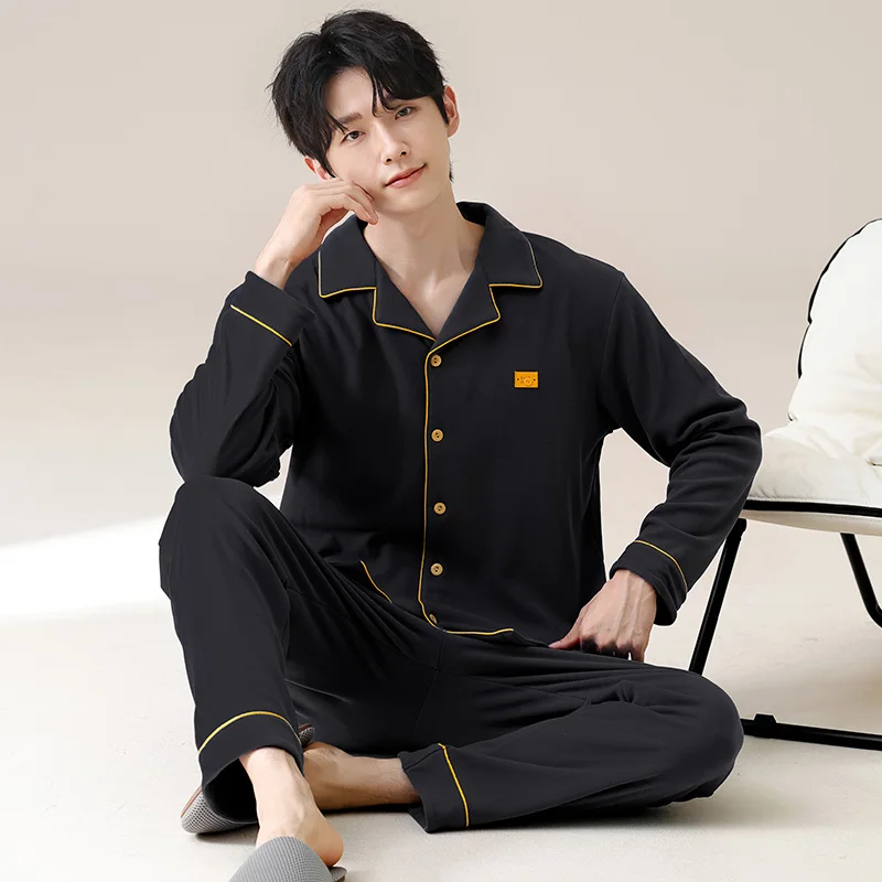 남성 잠옷 세트 따뜻한 벨벳 가을 긴팔 남성 파자마 슈트 겨울 나이트웨어 칼라 파자마 남성 수면복 투피스 4XL-7XL