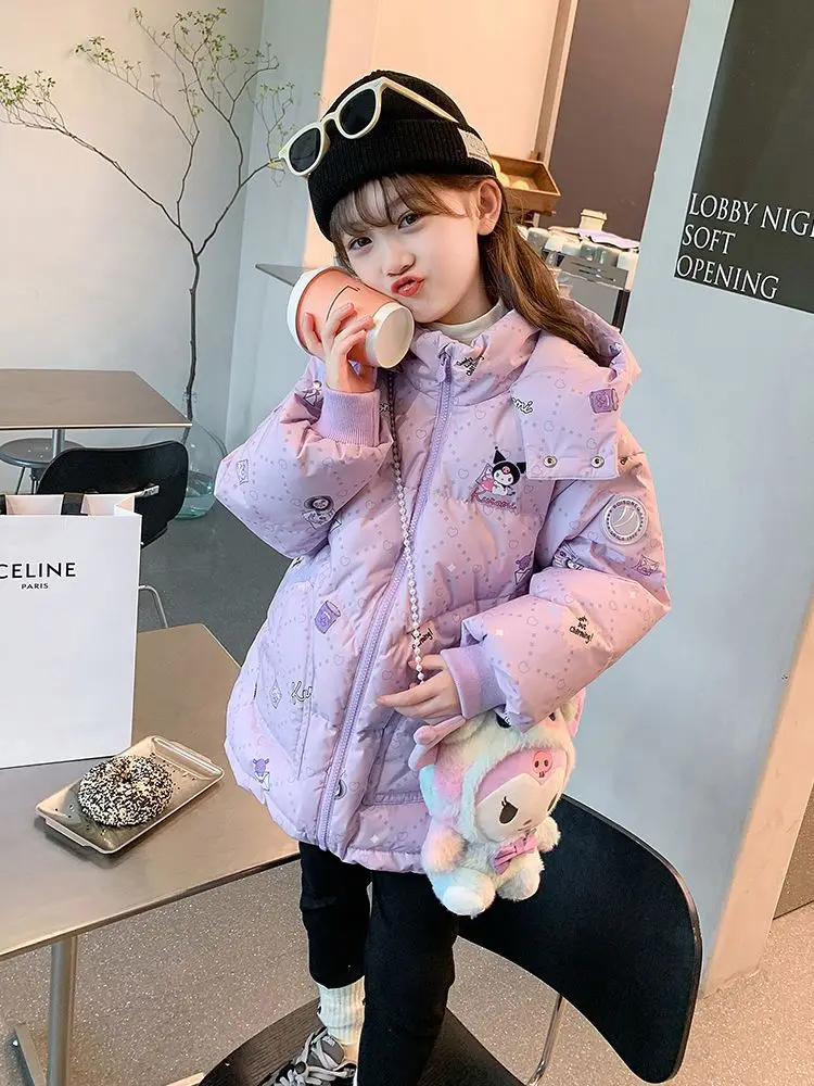 Down Jacket Children Jackets Girls Coat Teen Girls Sanrio Kuromi down Jacket Winter Fashion Children Hooded Velvet Thicken Windbreaker Coat Kids Clothers Outerwear