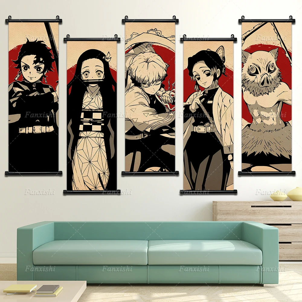 

Scroll Hanging Painting Demon Slayer Anime Poster Zenitsu Agatsuma Tanjiro Kamado Shinobu Kocho Wall Art Print Canvas Home Decor