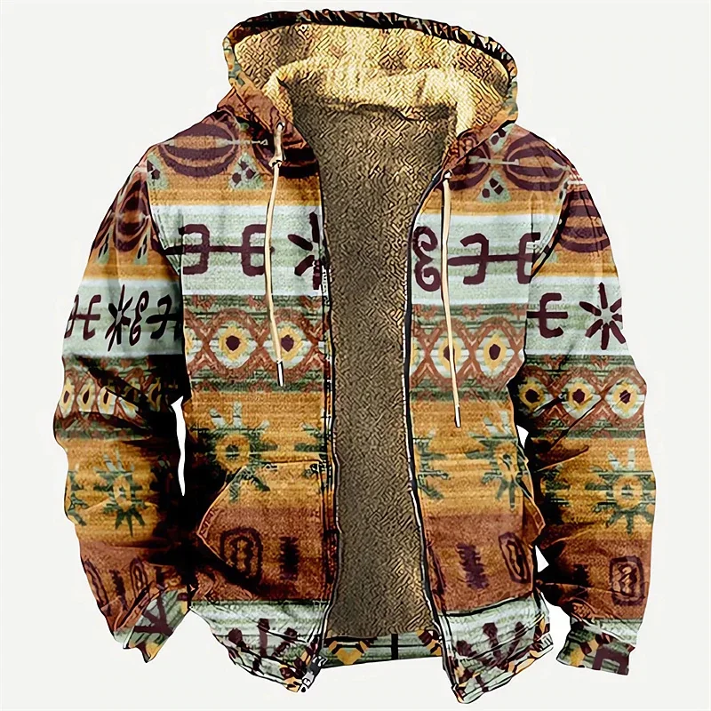 

Men's Zipper Hoodies Winter Fleece Parka Coat Ethnic Tribal Graphics Jackets Sweatshirts Outerwear Daily Hooded Zip-up Overcoat