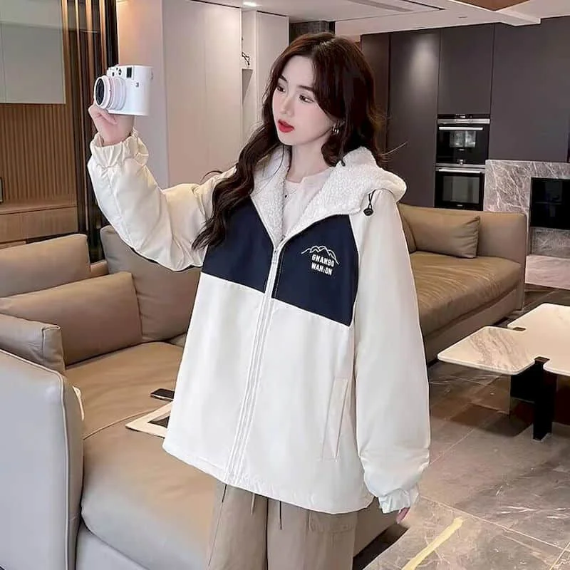 

Thicken Coats Oversized Hooded Winter Lambhair Plush Jacket for Women Printed Workwear Loose Casual Vintage Quilted Snow Clothes
