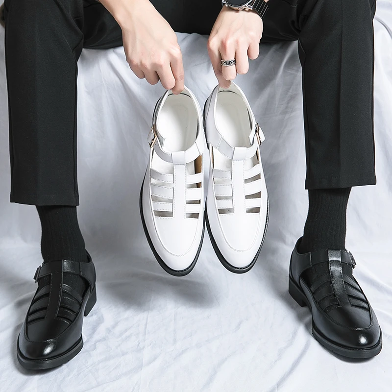 

Men Sandals Genuine Leather Hollow Buckle Comfortable High Quality Casual Fashion Roman Gladiator Shoe Sneakers 2023 Black White