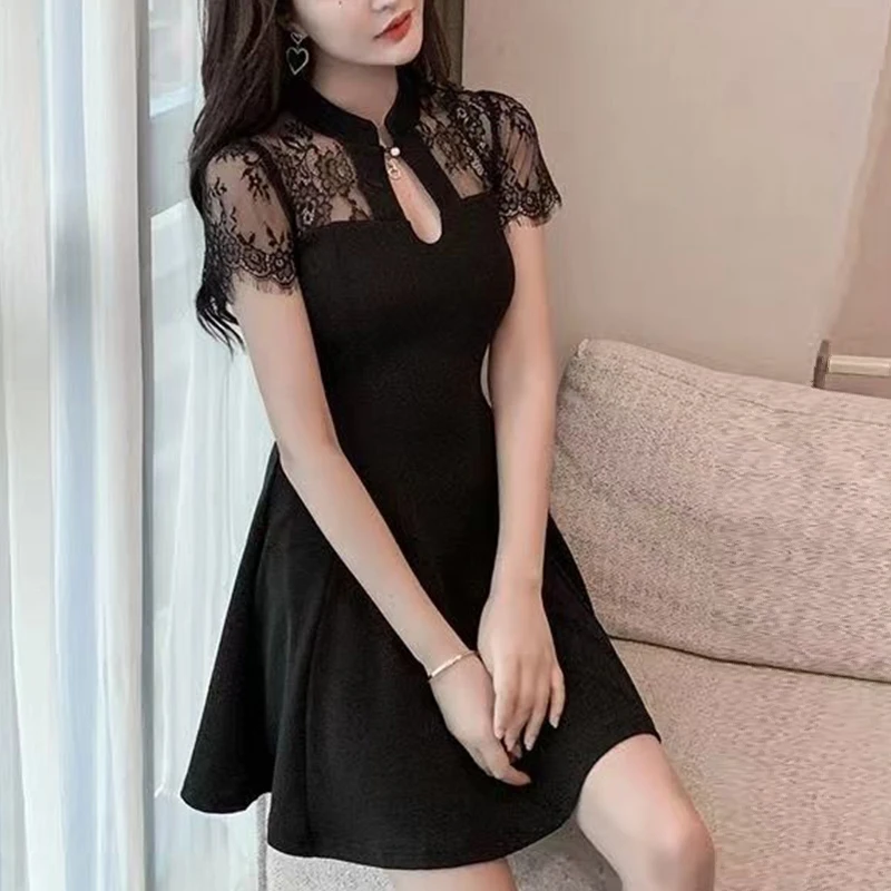 여성용 스탠드 칼라 레이스 패치워크 슬림 드레스, 우아한 하이 웨이스트 블랙 로브, 여성 섹시 드레스, 여름 패션