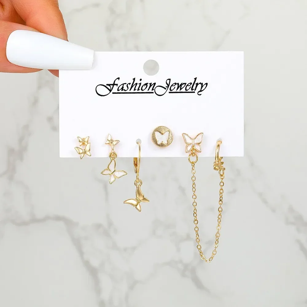 6 шт./комплект Готичний чорний метелик Кришталева зірка Набір сережок Жінки Дівчата Вінтаж Естетичні сережки-гвоздики Серце Y2K Ювелірні аксесуари