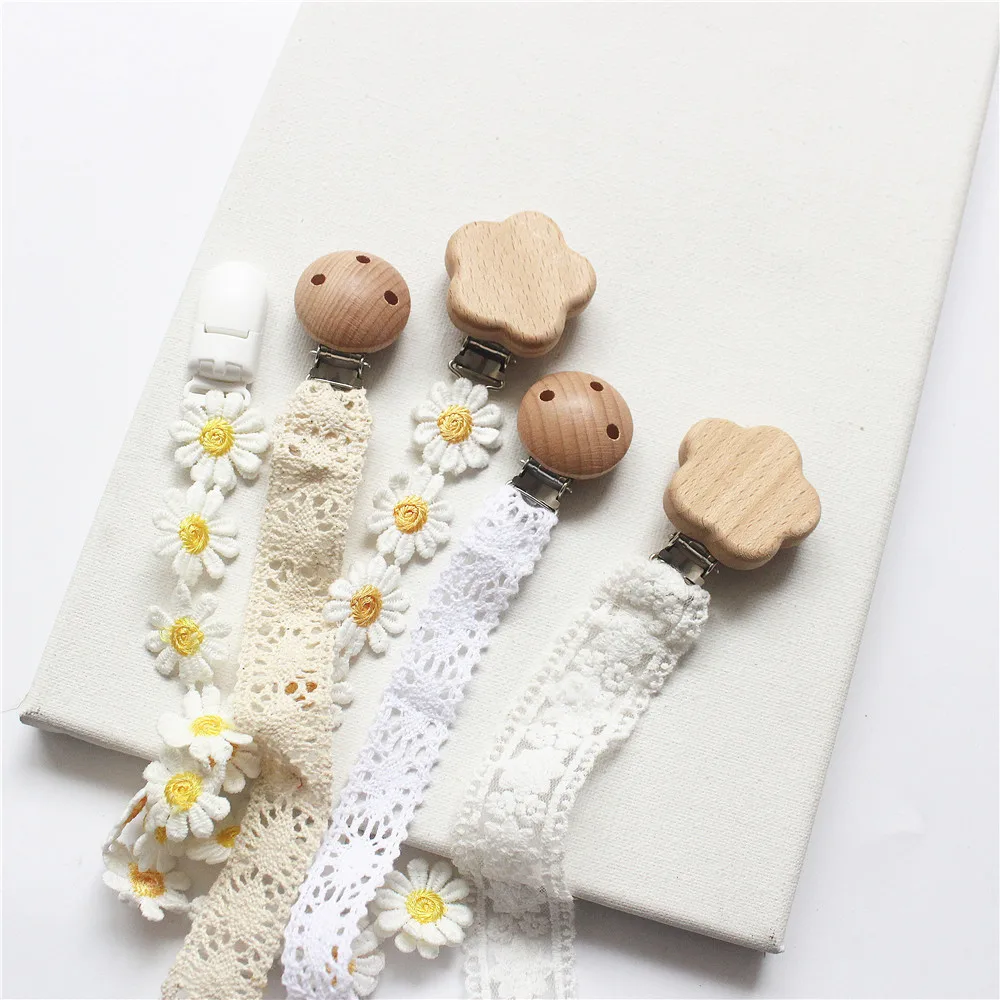 Clips for Pacifier Daisy Lace with Wooden Flower Pacifier Chain Chew Nipple Clips Baby Holder Stroller