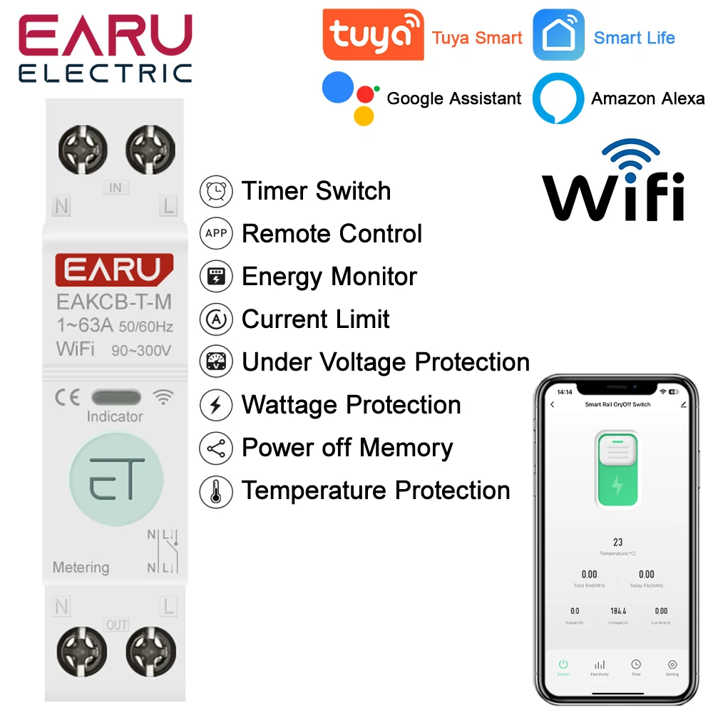 Tuya WiFi Smart Circuit Breaker MCB Timer 1P + N 63A Power Energy kWh Voltage Current Meter Protector Voice Remote Control Switch