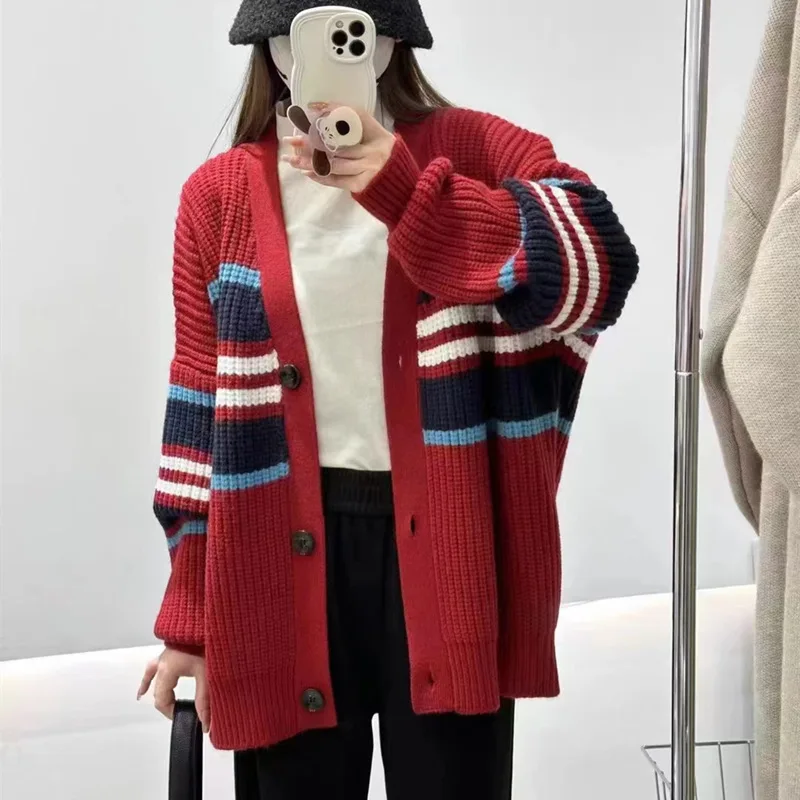 

Color matching striped sweater New lazy wind age-reducing V-neck knit cardigan in autumn and winter