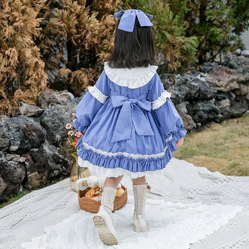 Winter Thicker Lolita Dress Girls Kids New Year Dress Long Sleeve Blue Alice In Wondeland Cute Lolita Doll Teen