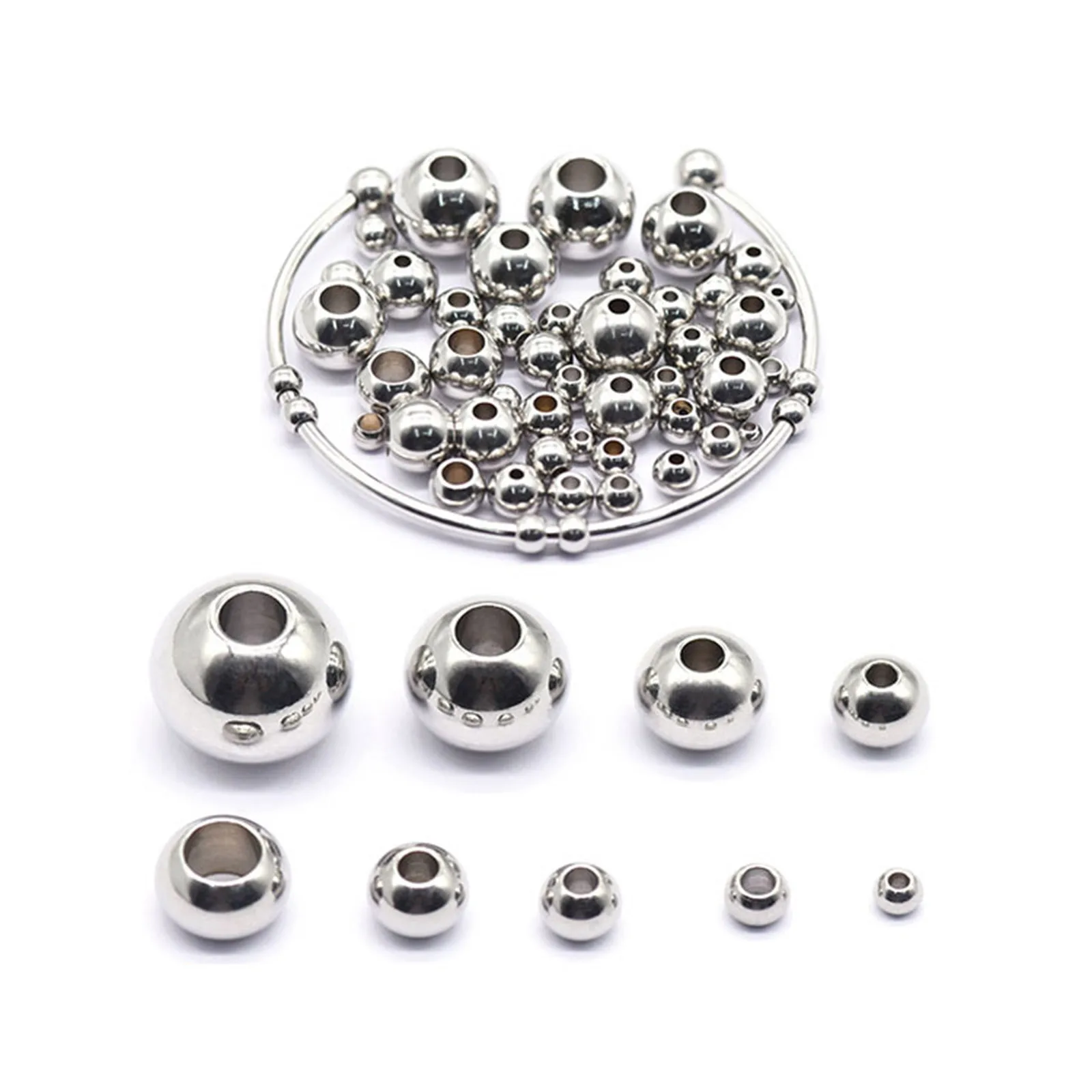 

50PCs 304 Stainless Steel Loose Spacer Beads Silver Color Charms Round Ball Beads For Jewelry Making Diy Necklace Findings