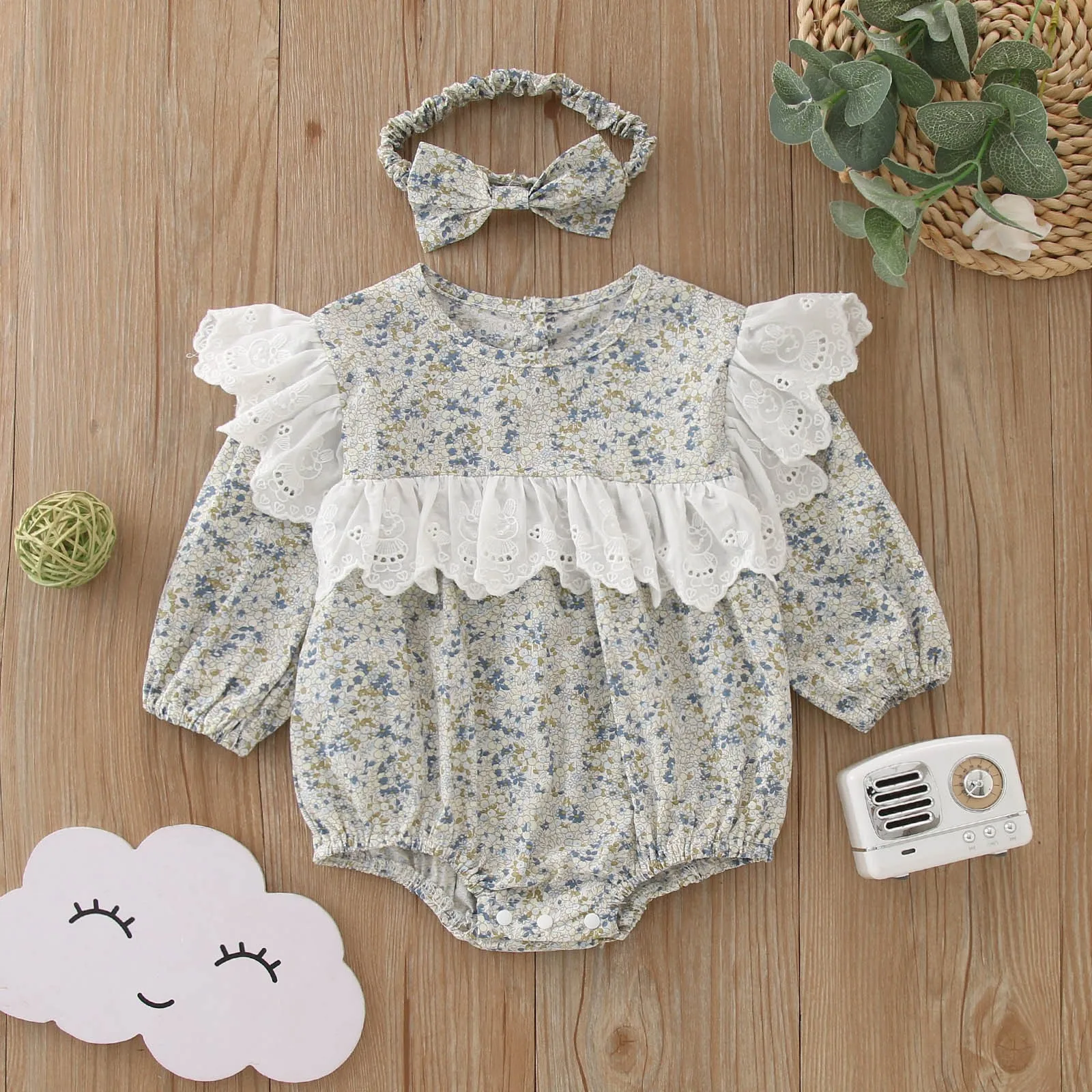 

3 6 12 24M Newborn Baby Girls Bodysuits Long Sleeved Cotton Embroidery Baby Girls Infant Jumpsuit With Headbands Summer Clothes