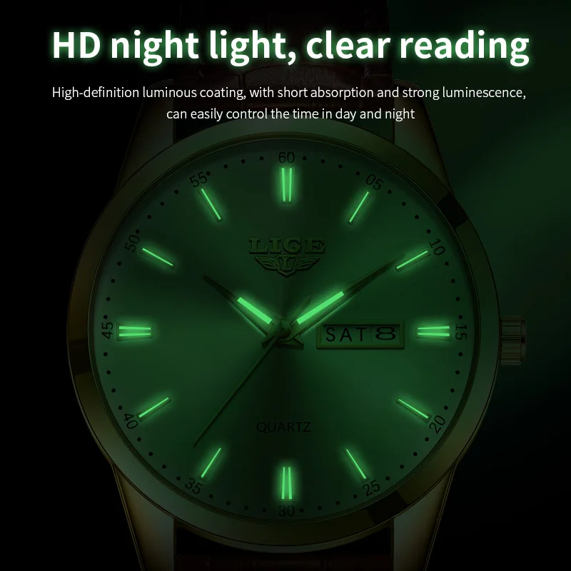 LIGE Fashion Luxury Quartz Men Watch Business Leather Band Auto Date Watches for Men Luminous Waterproof Sport Wristwatch Clocks