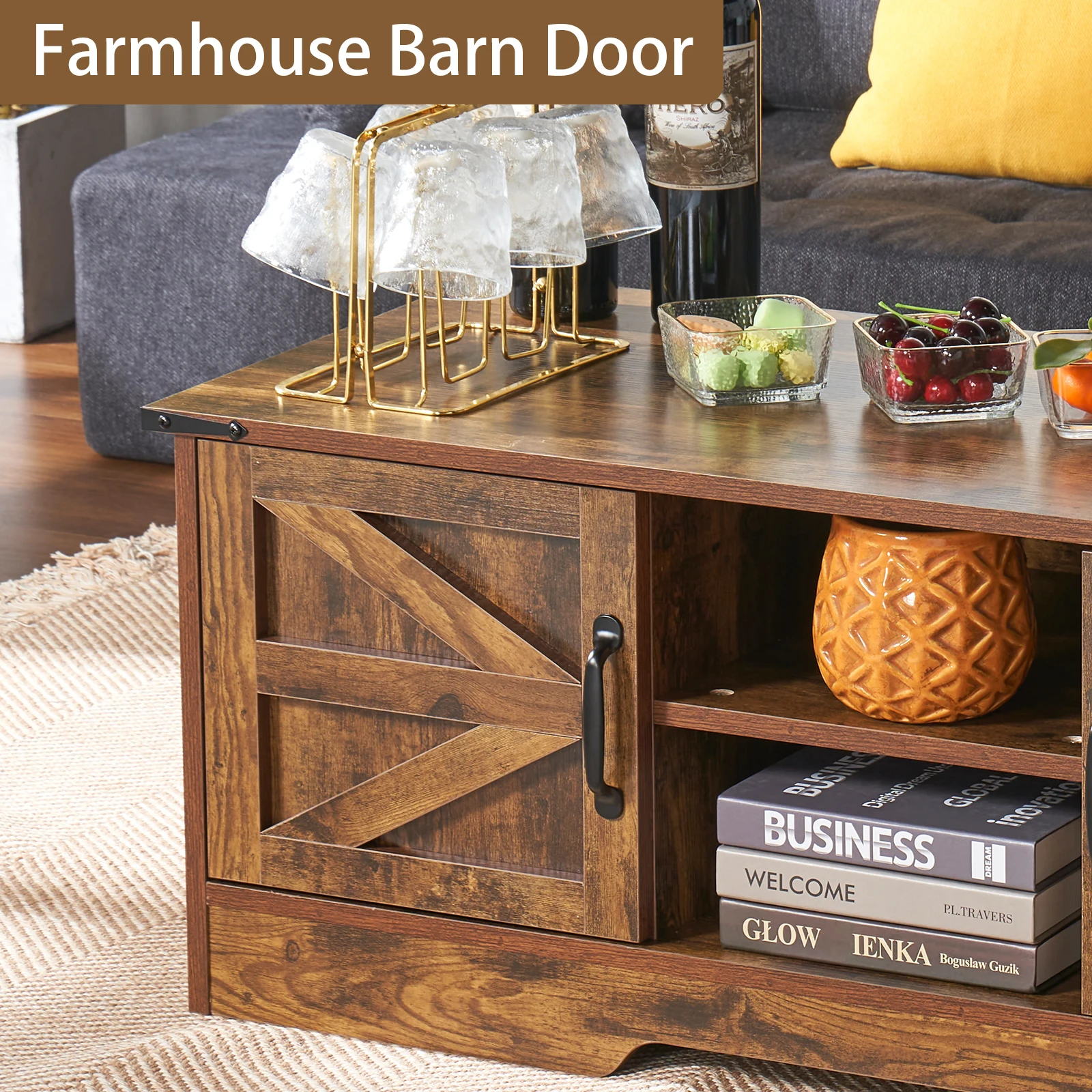 Coffee Table With Barn Doors, Farmhouse Center Table With Storage, Modern Rustic Style Wooden Living Room Table, Brown