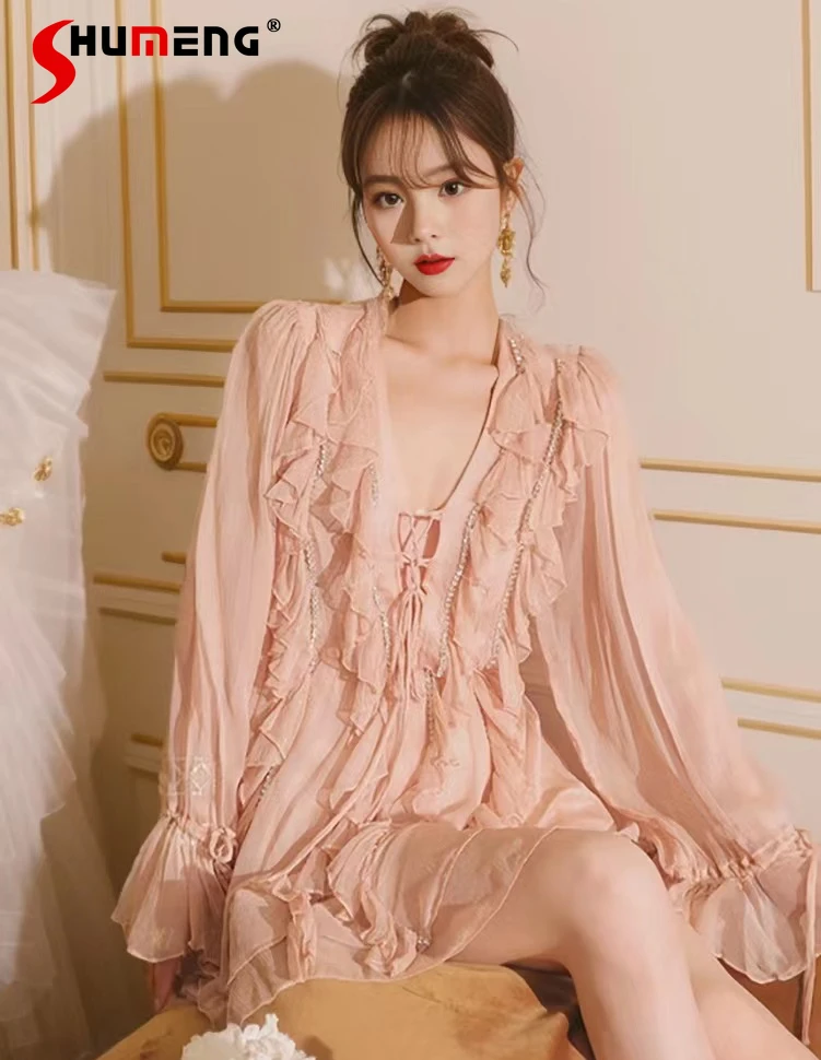 

Fairy Pink Ruffled V-neck Pink Dress for Women 2023 Early Autumn New French Gentle High Waisted Long Flare Sleeve Dresses Female