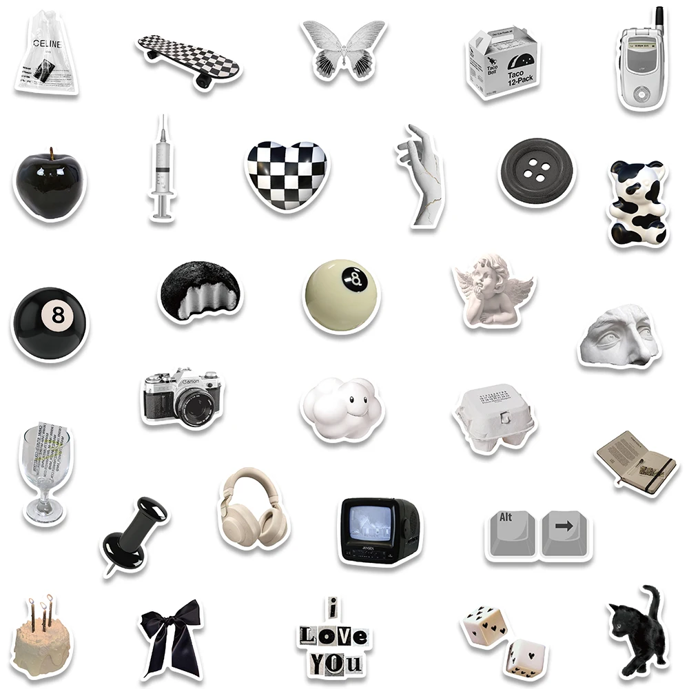 10/50PCS Ins Style Apathy Black White Simple Decals Cute Stickers Aesthetic Phone Notebook Suitcase Laptop Fridge Wall Sticker 3