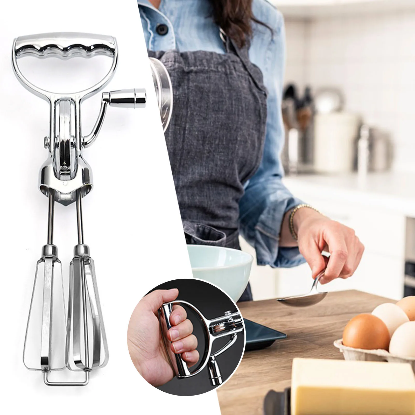 Manual Hand Crank Egg Beaters Stainless Steel Double Heads Egg
