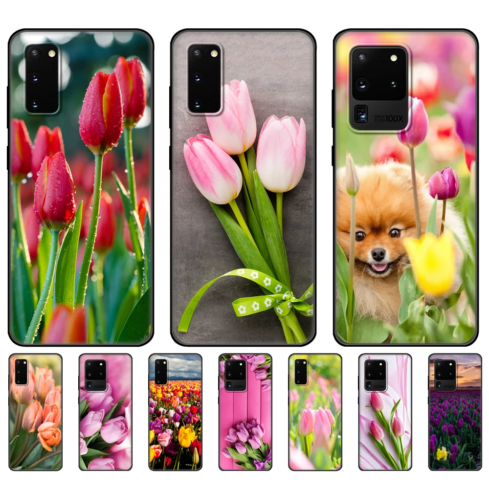 Черный чехол из ТПУ для Samsung galaxy S20 /S20 PLUS/S20 ultra/S20 + /S20FE задняя крышка тюльпаны цветы