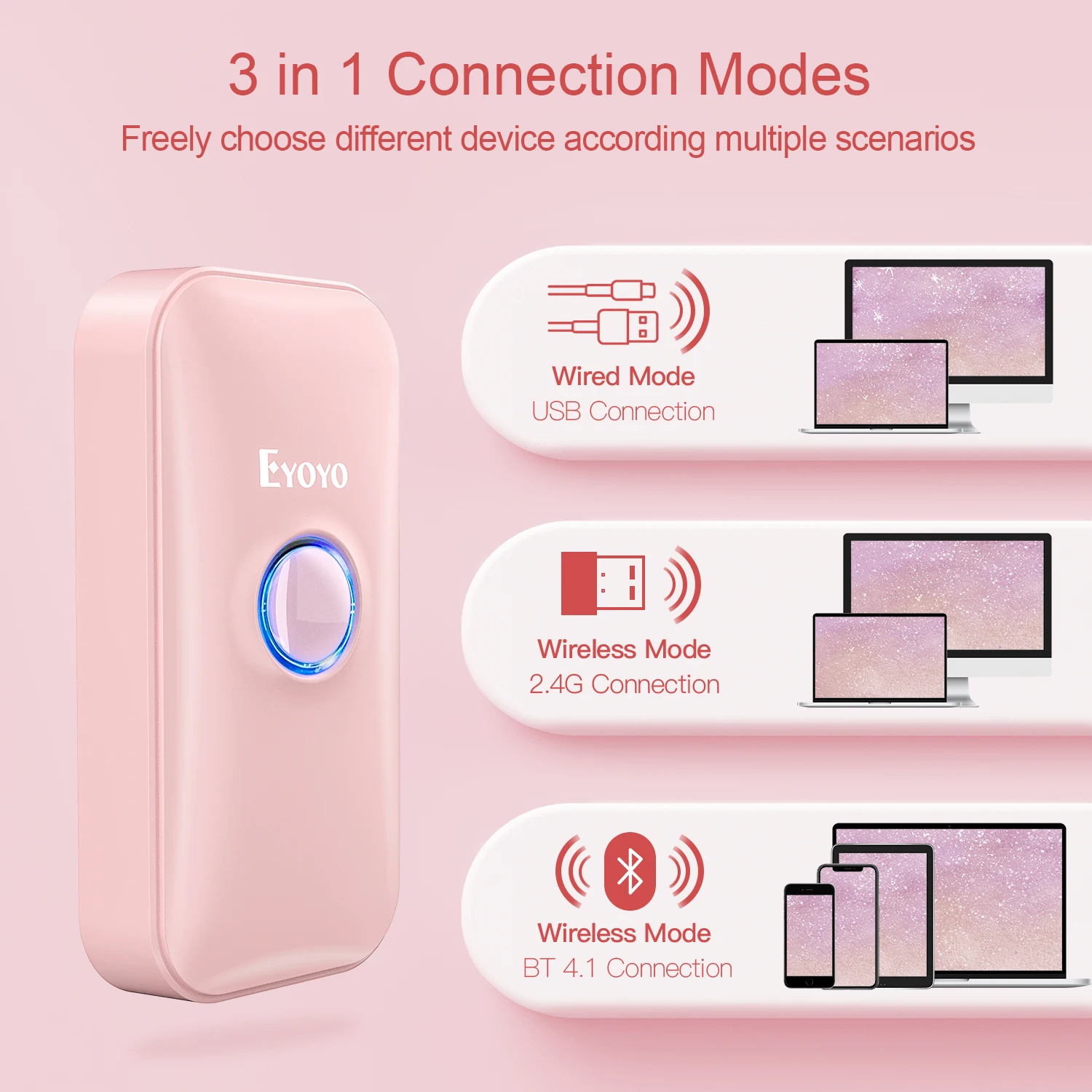 Eyoyo 1D Bluetooth Barcode Scanner Mini Pink For Women, Library Warehouse Portable Barcodes Scanning Support Windows iOS Android
