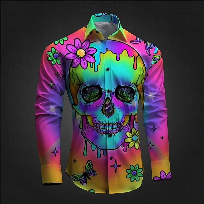 

Optical Illusion Skull Men's Abstract Pattern Shirt Daily Wear Outing Spring Lapel Long Sleeve Shirt Comfortable Soft Fashion To