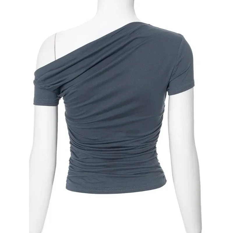 Summer New Women's Cross-Collar Off-the-Shoulder Short Sleeve T-Shirt Y2k Fashion Sexy Solid Color Pleated Short Slim Fit Top