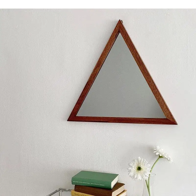 

Bedroom Dresser Vanity Mirror Wall Mounted Desktop Triangle Mirror Imitation Wood Grain Metal Makeup Mirrors Decorative Mirrors