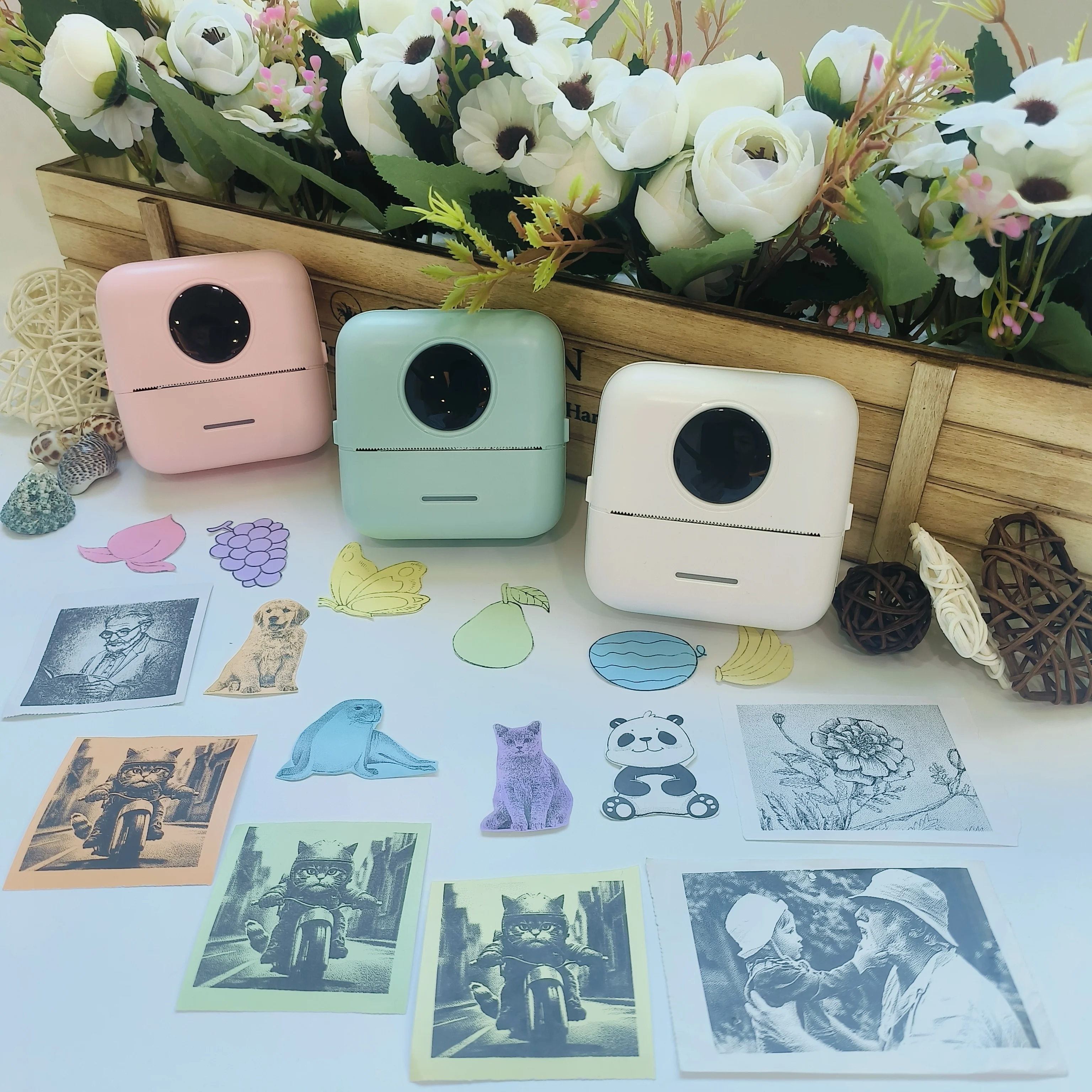 휴대용 포켓 미니 무선 감열 프린터 (6색 감열지 + 3개 스티커 롤 + 3개 감열지 + 6색 펜 포함)