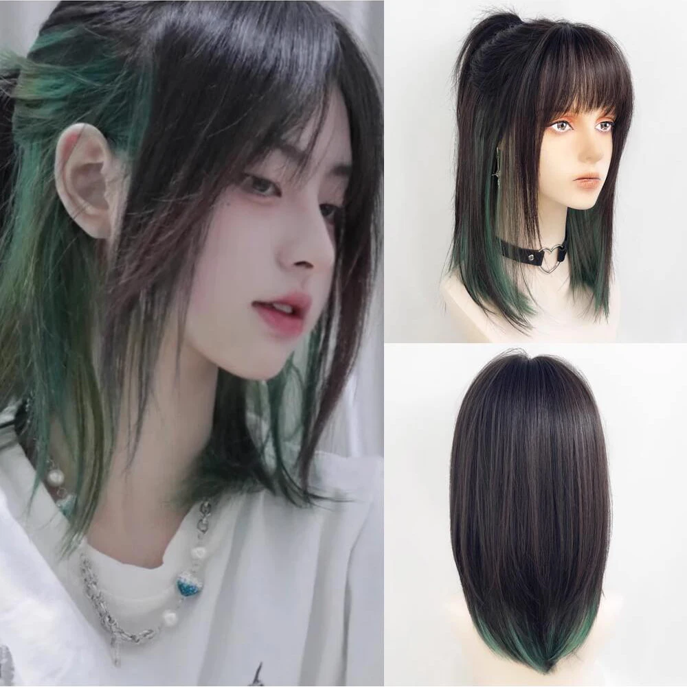 

VICWIG Women Green Cosplay Synthetic Wig Dyed Japanese Wolf Tail Fish Head with Locksat Collarbone Celebrity Wig