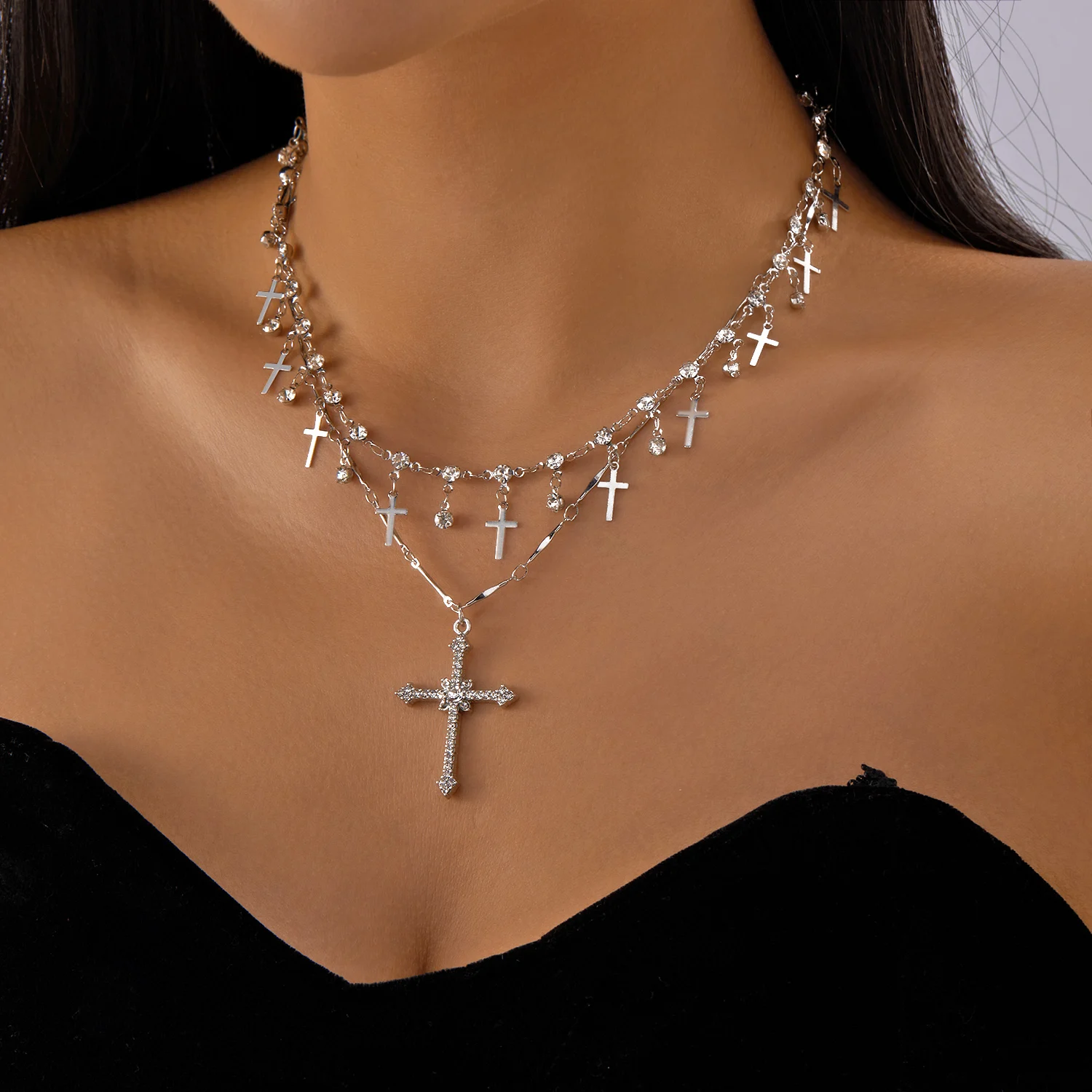 Punk Stil Gothic Kreuz Layered Halskette für Frauen Vintage Imitation Perle Stapelbare Pullover Halskette Set Schmuck Zubehör – Detail 17