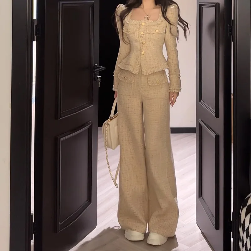 

New in Matching Sets Autumn Winter Elegant Woolen Jacket & Wide Leg Pants Two Pieces Sets Womens Outfits Vintage Deux-pièces