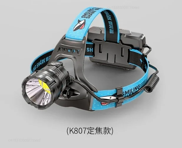 פנס ראש חזק בעוצמה גבוהה עם דמות כריש מחייכת, מתאים לטיולים בחוץ, בניית אתר, מתמקד בבנייה, עמיד למים