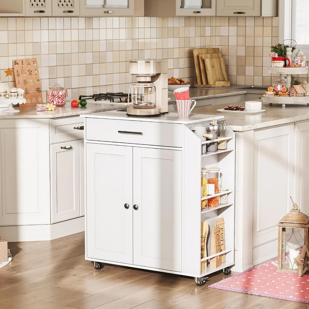 

Kitchen island trolley with power socket, spice rack, and drawer, used for home, kitchen, and restaurant, free of shipping
