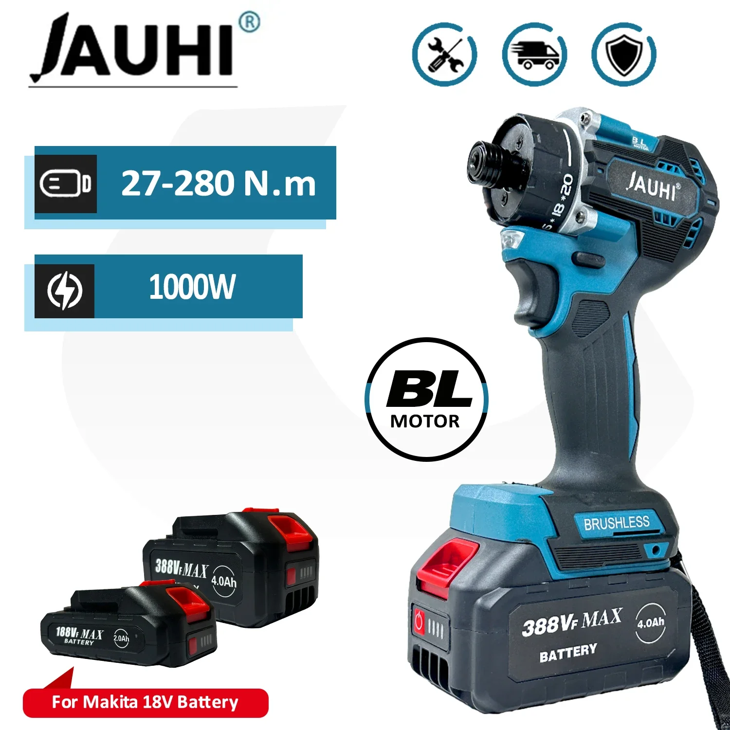 

JAUHI 280N.m torque Electric Brushless Cordless Screwdriver Rechargeable 20+1 Gear for Makita 18v Lithium Battery Power Tools