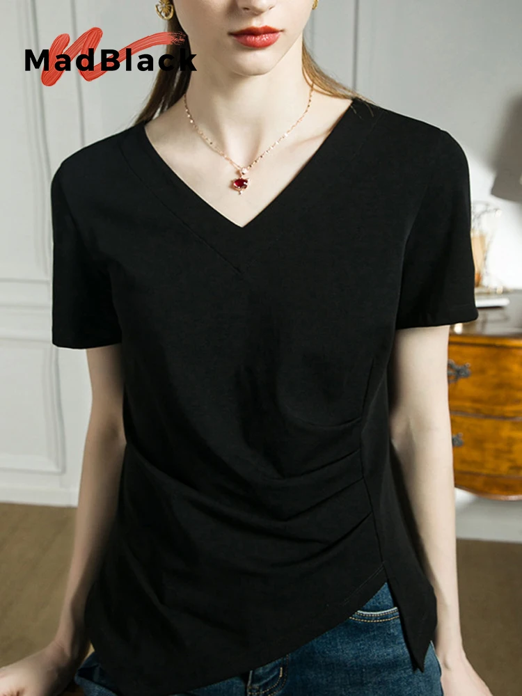 

Женская футболка с V-образным вырезом, коротким рукавом и рюшами