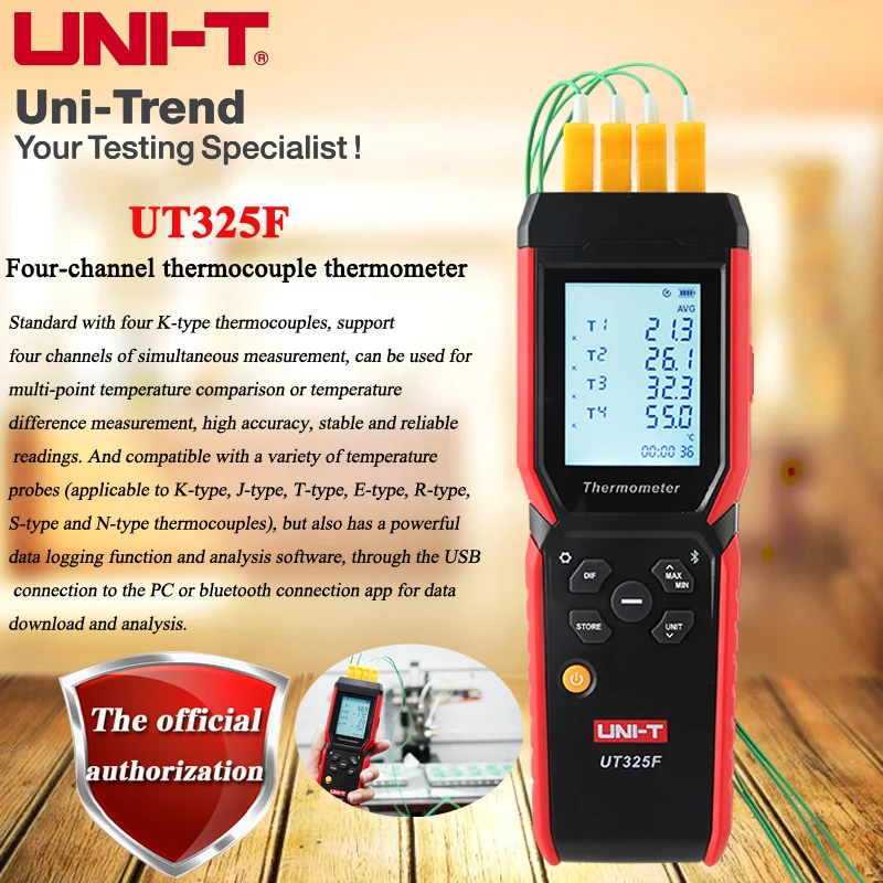 

UNI-T UT325F Intelligent Bluetooth communication industrial grade four-channel thermocouple thermometer/J,K,T,E,R,S,N type probe