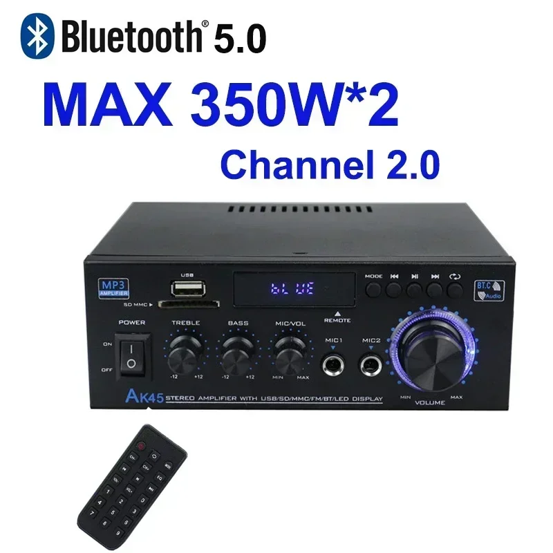 AK45 Bluetooth 5.0 Power Amplifier 2.0CH 60W X 2 Output Max 400W Subwoofer Hi-Fi Audio Amplifier Stereo Receiver
