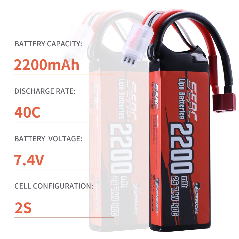 SUNPADOW 2S Lipo Battery for 7.4V40C 2200mAh Soft Pack with Deans T Plug for RC Vehicles Car Truck Tank Boat Truggy Buggy Racing
