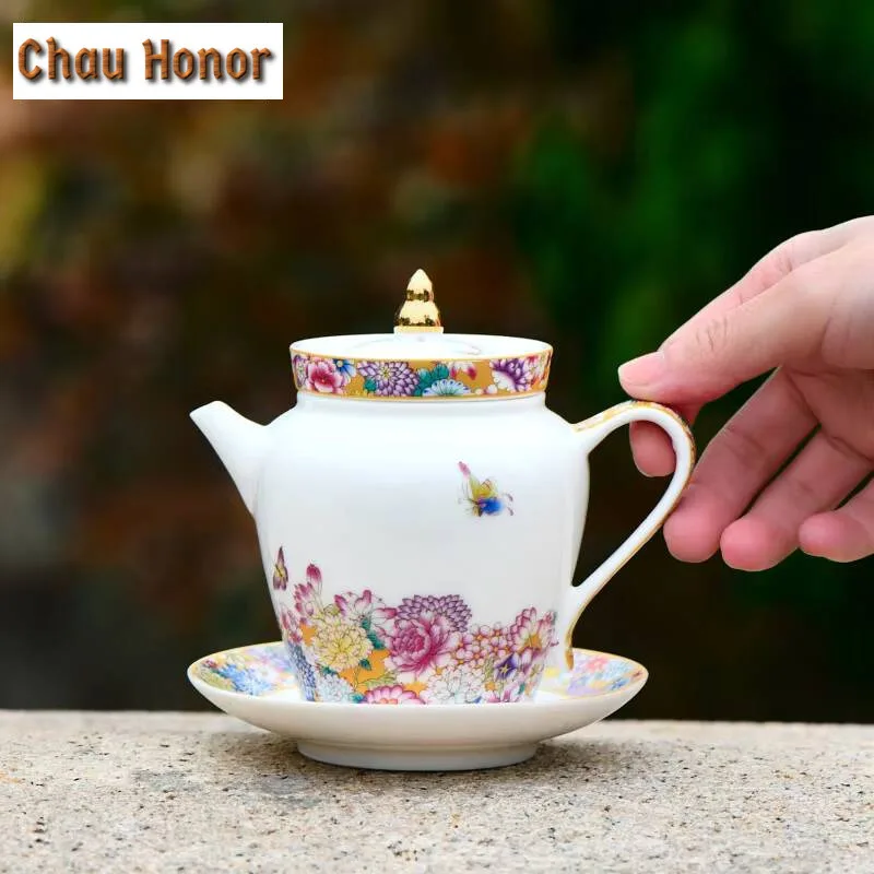 240ml Butterfly Dance Flower Ceramic Teapot Luxury Fragrance Pot Tea Brewing Kettle with Infuser Puer Cha Twaware Supplies Gift