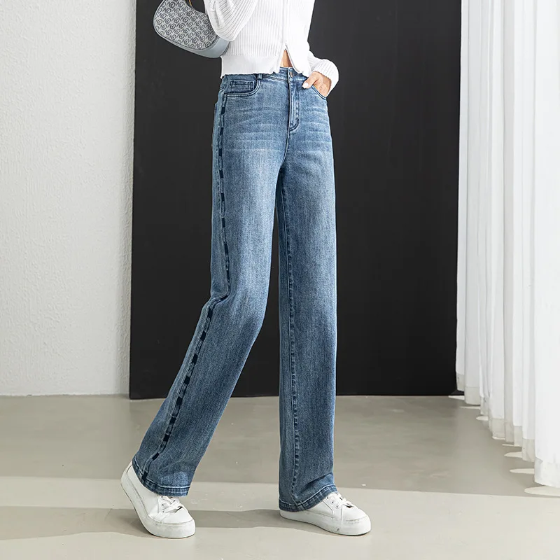 Embroidered Blue Jeans for Women Straight-leg Pants Long Contrasting Colors Ankle-Length Slimming Loose Washed Trousers Cropped
