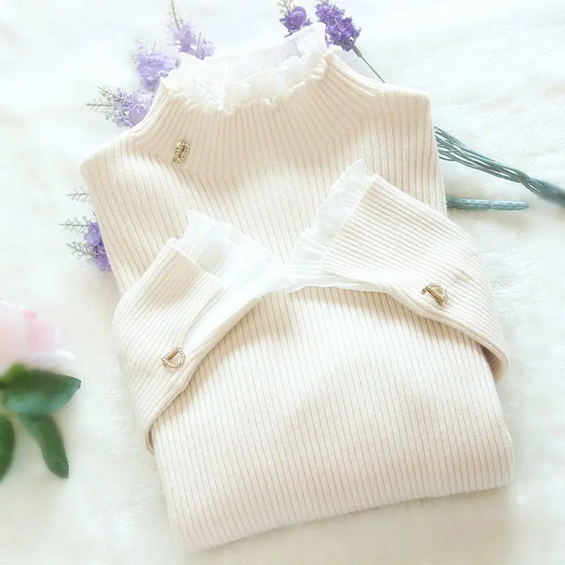 

Half High Collar Turtleneck Lace Ruffle Pullover Women'S Trumpet Sleeve Top Solid Color Knitwear Trending Sweater Autumn Winter