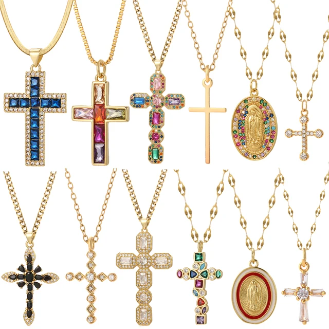 Cross Women's Pendant Collar Gold Color Our Lady Choker Jesus Necklace for Women Long Stainless Steel Chain Amulet Collars 1