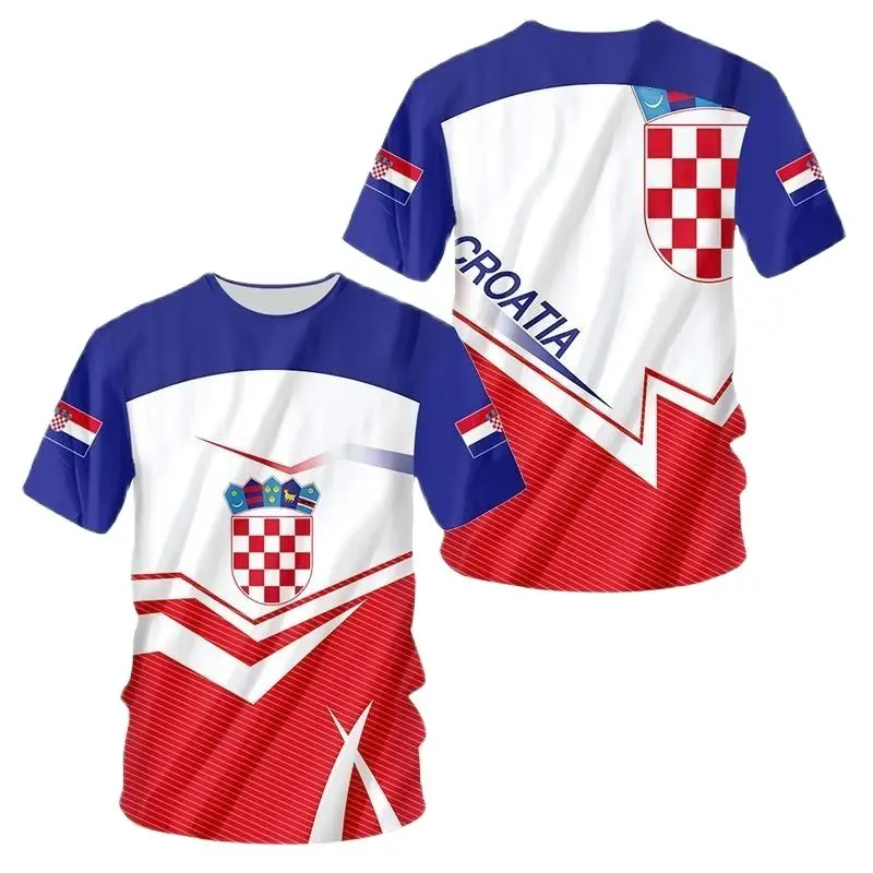 

Croatian Flag Football Pattern 3D Printing Summer Men's Tough Guy Style Casual Sports Loose Round Neck Short Sleeve T-shirt Top