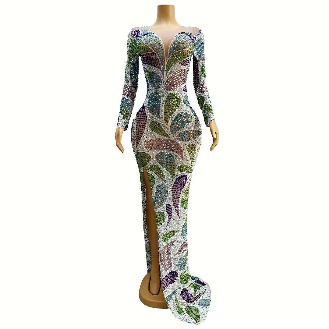 

Evening Celebrate Colorful Rhinestones Long Train Dress Luxury Performance Costume Prom Party Show Dresses luoxuan