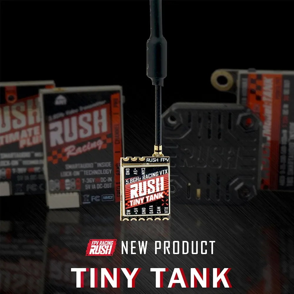RUSH Tiny Tank Nano VTX 48CH 350mW monté sur un drone Whoop, visible avec ses connecteurs