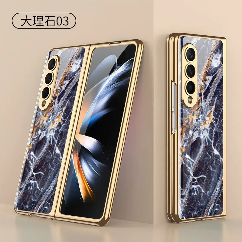 Luxury Plating Frame Case For Samsung Galaxy Z Fold 4 5G Painted Pattern Tempere