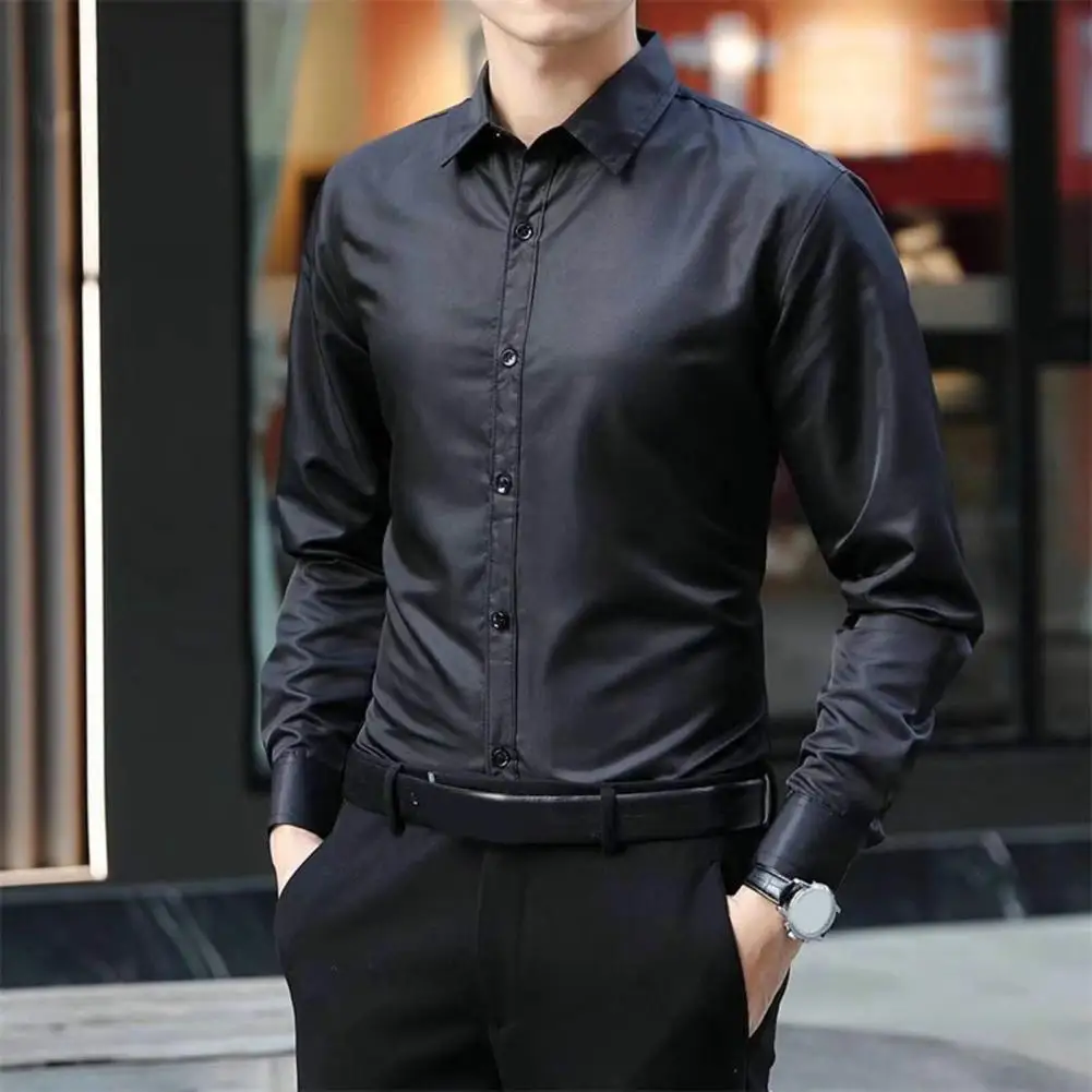 

Groomsman Shirt Slim Fit Lapel Solid Color Gentlemen Anti-wrinkle Commute Cardigan Formal Spring Autumn Business Shirt Garment