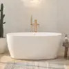 55" Freestanding Bathtub Elegant Oval Shape Soaking Bathtub Glossy White Brushed Nickel Drain Integrated Slotted Overflow 1