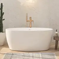 55" Freestanding Bathtub Elegant Oval Shape Soaking Bathtub Glossy White Brushed Nickel Drain Integrated Slotted Overflow 1